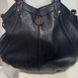 Tory Burch Black Pebbled Leather Shoulder Bag with Gold Logo